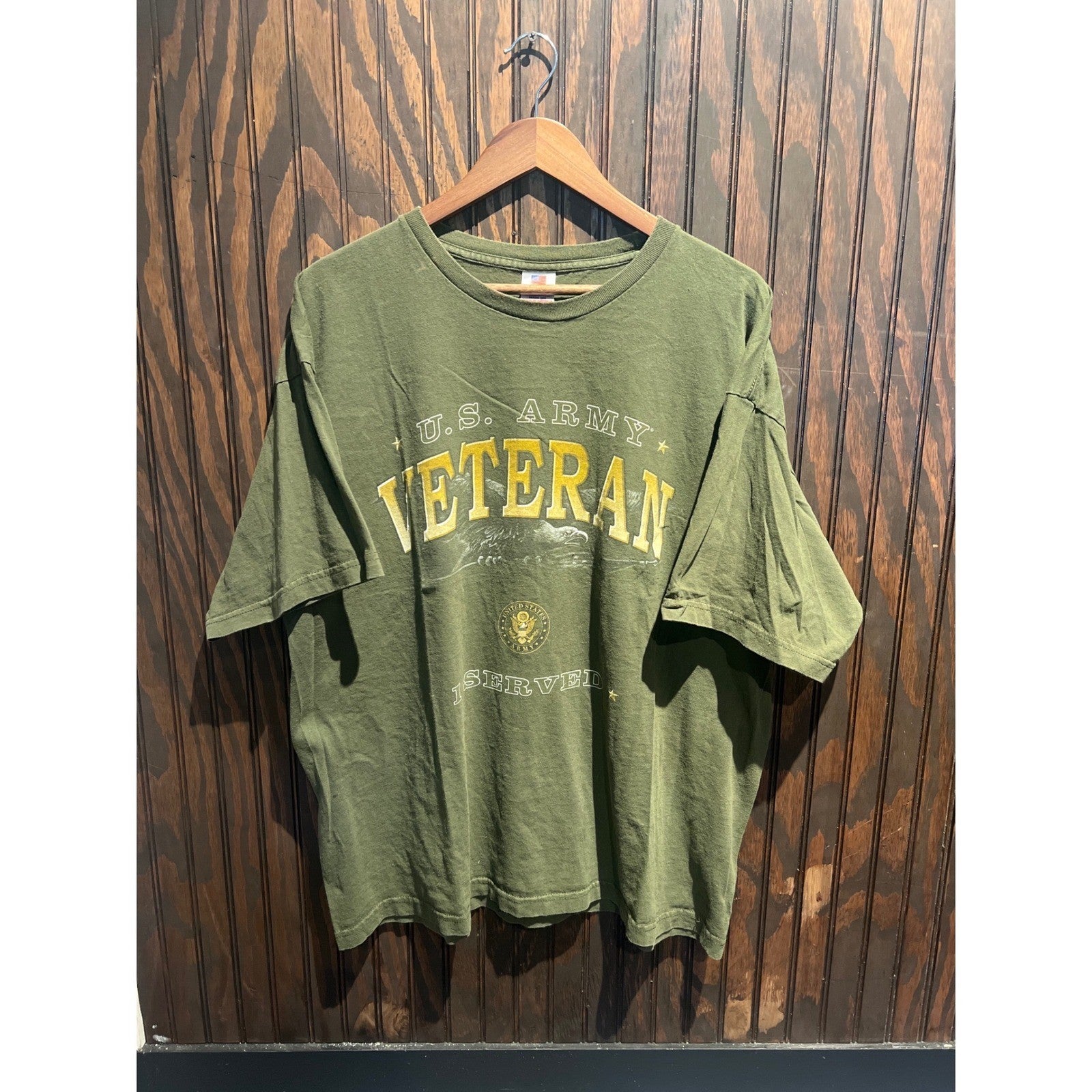 Vintage US Army Veteran T Shirt Mens XL Olive Green Graphic Made in USA 90s Tee