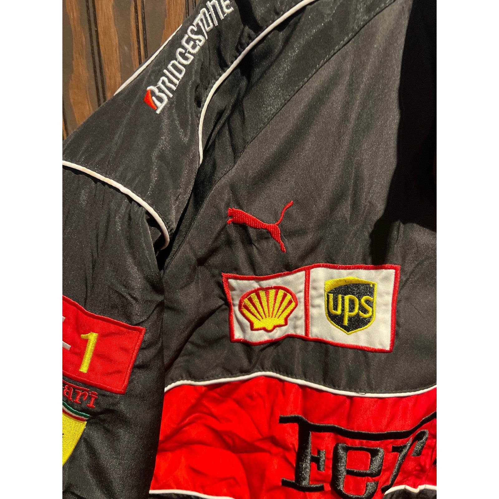 Vintage Ferrari F1 Racing Jacket Black Red Embroidered Sponsor Patches Mens L