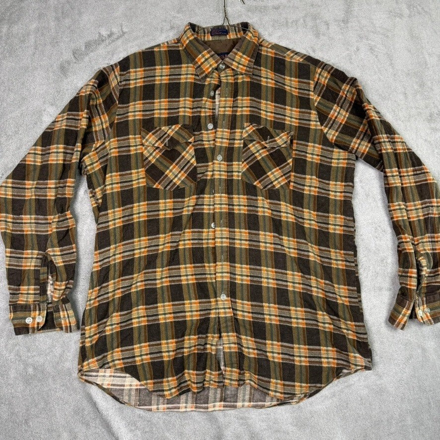 WOODLAND Plaid Flannel Lined Shirt Jacket Mens XL Brown Orange Green Long Sleeve