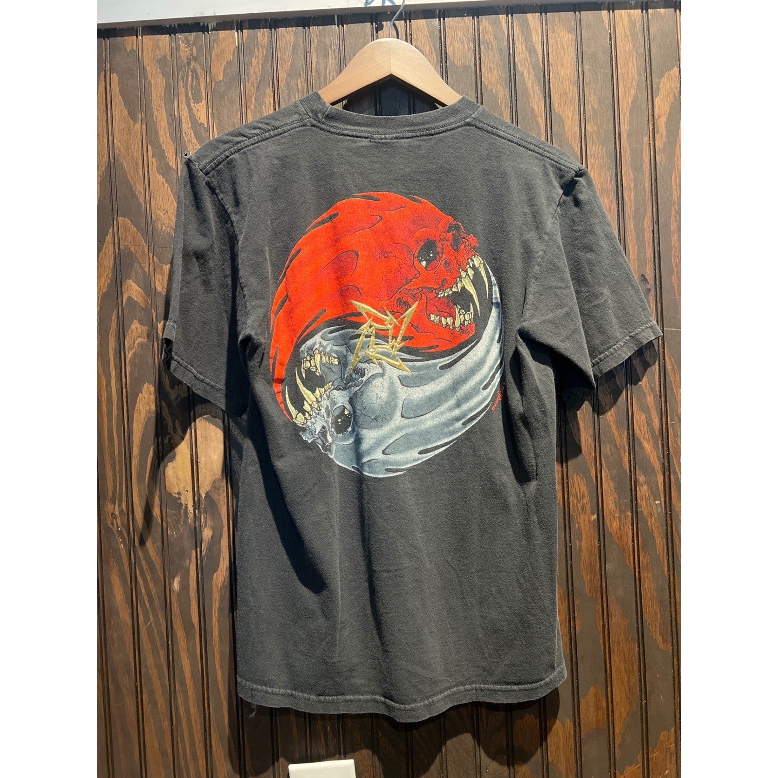 Vintage Metallica Rebel Pushead Flaming Skull Graphic Tee Faded Black Shirt
