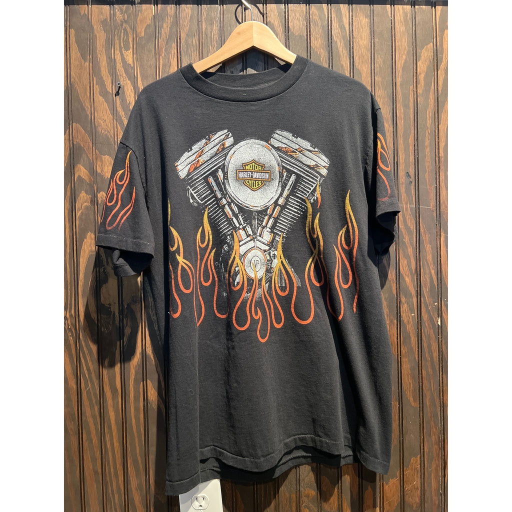 Vintage Harley Davidson V-Twin Engine Flame Graphic T-Shirt Black Mens XL 21x29