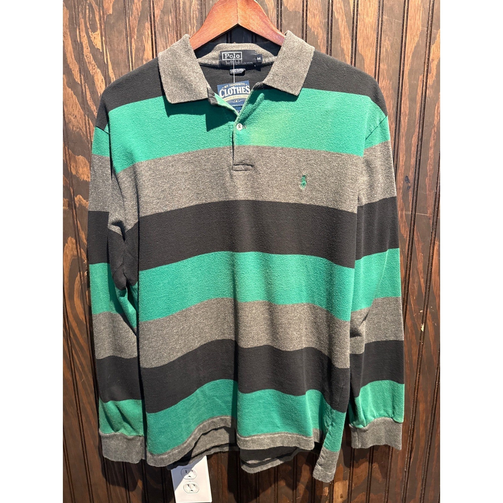 Polo Ralph Lauren Mens Long Sleeve Rugby Shirt Striped Green Grey Black Medium