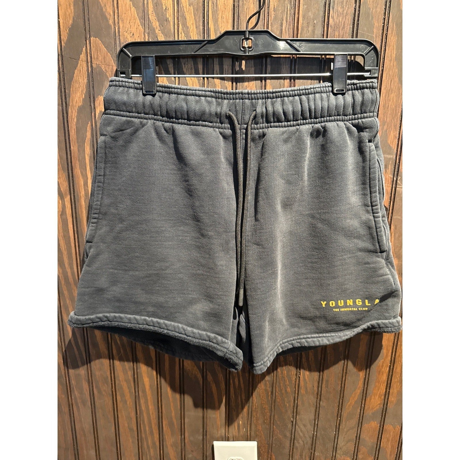 YoungLA The Immortal Club Faded Black Sweat Shorts Mens Medium Vintage Wash 5in