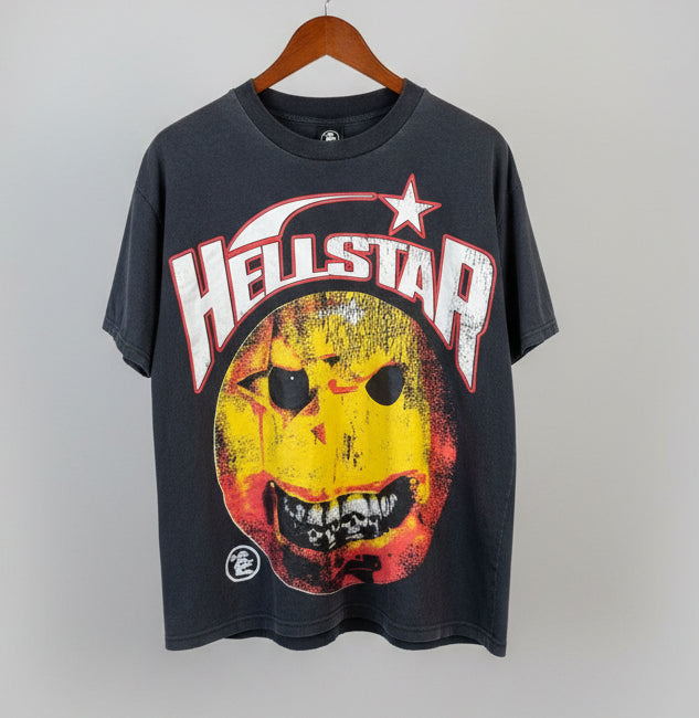 Hellstar Studios Smiley Face Graphic T-Shirt Faded Black Streetwear Mens L