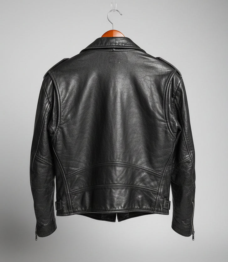 Wilsons Leather Mens Black Leather Motorcycle Biker Jacket Belted Asymmetrical