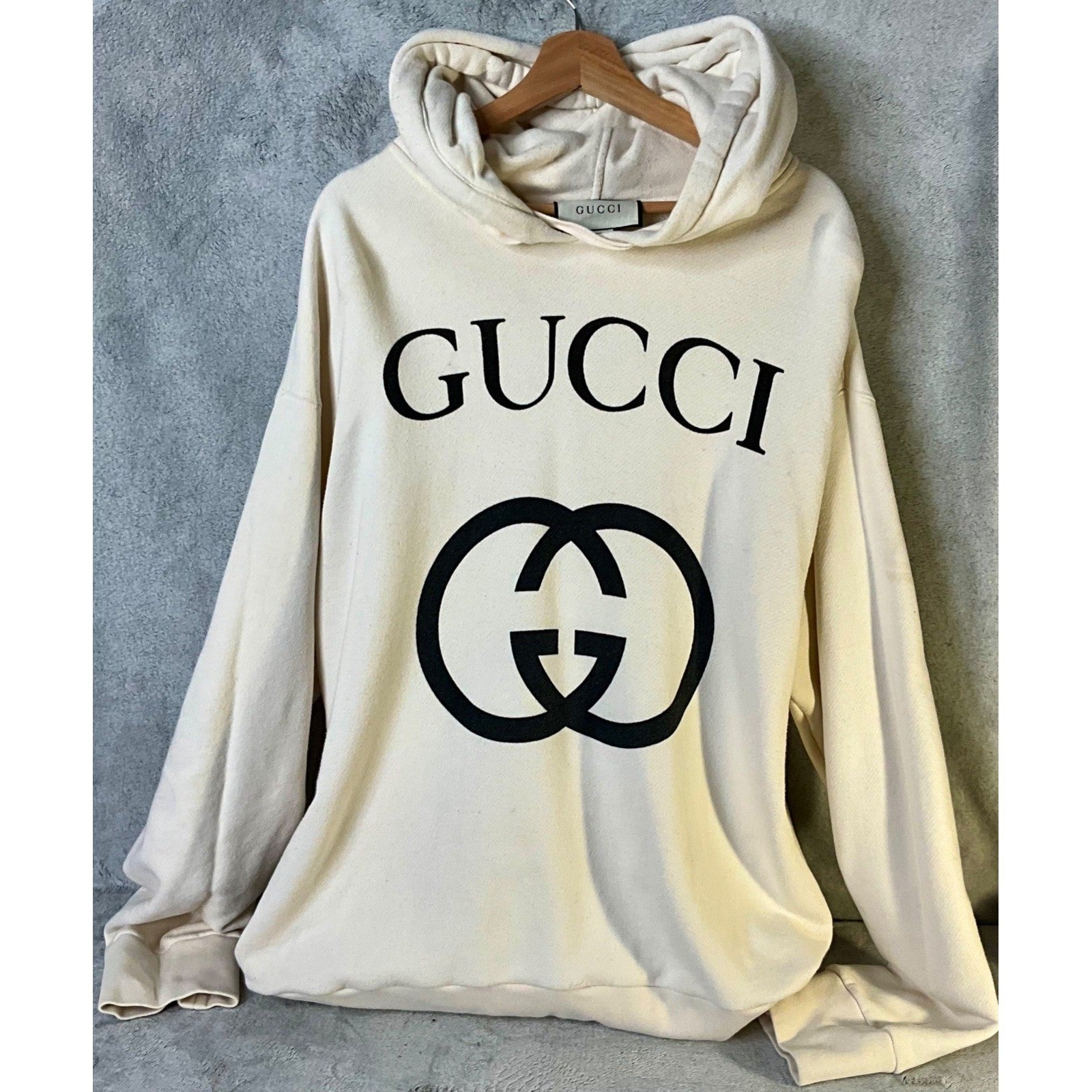 Gucci Interlocking G Logo Hoodie Cream Off-White Cotton Pullover 475374 Mens 2XL