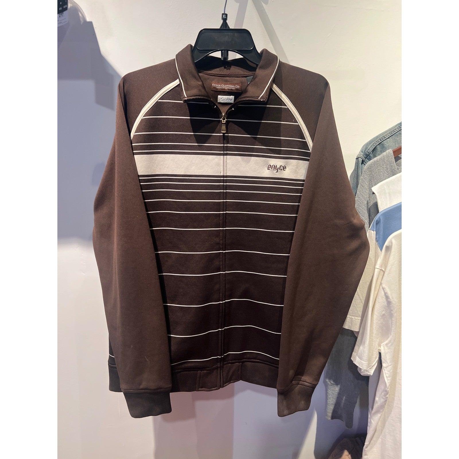 Enyce Vintage Mens Track Jacket Brown Cream Striped Full Zip Y2K Streetwear XL