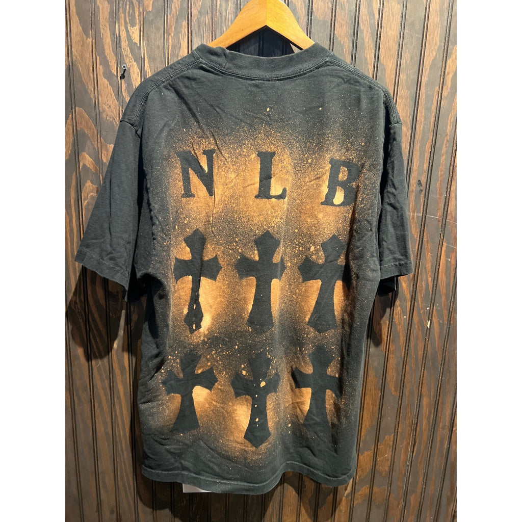 NTLB Black Bleach Splatter Cross Graphic T-Shirt Mens Oversized Streetwear Tee