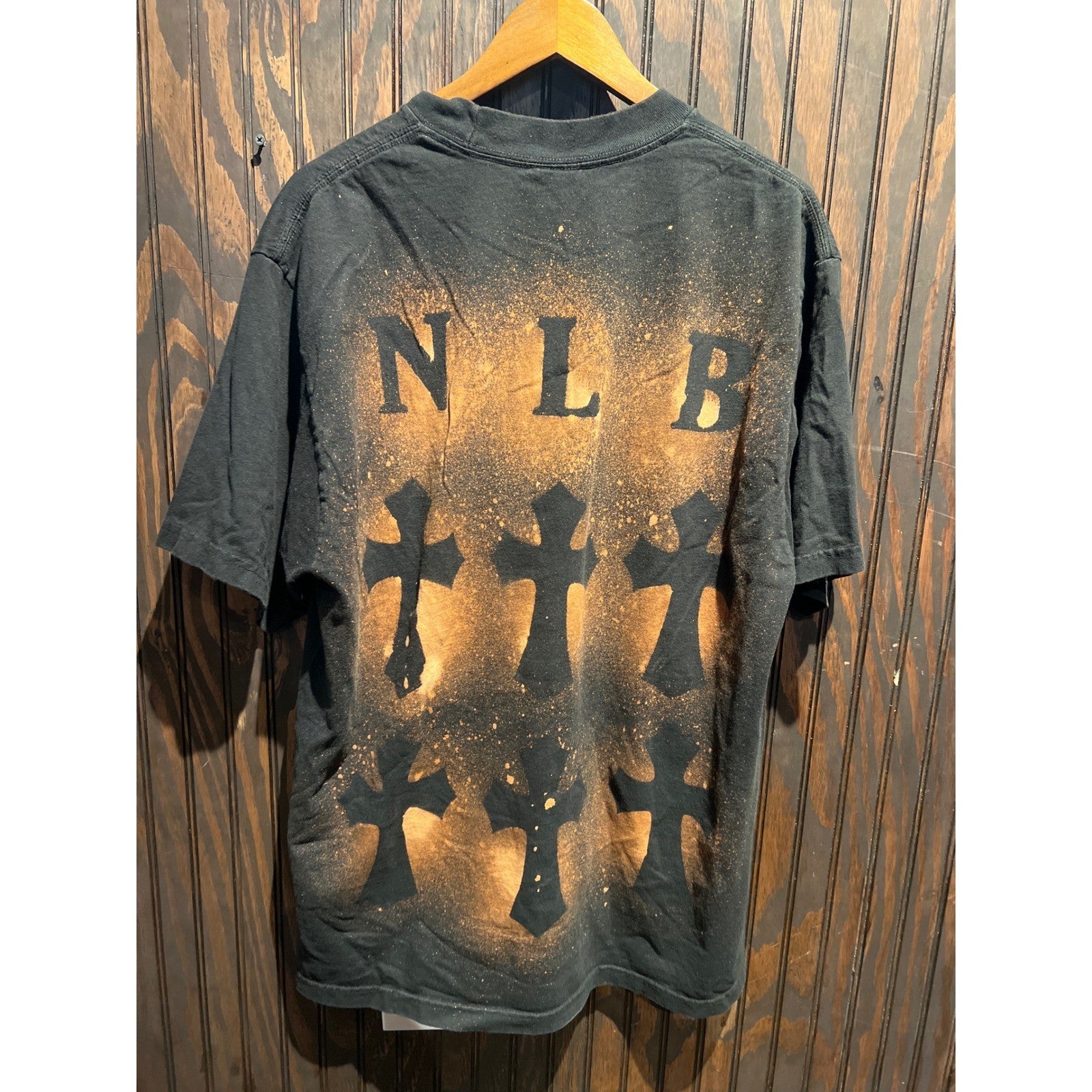 NTLB Black Bleach Splatter Cross Graphic T-Shirt Mens Oversized Streetwear Tee