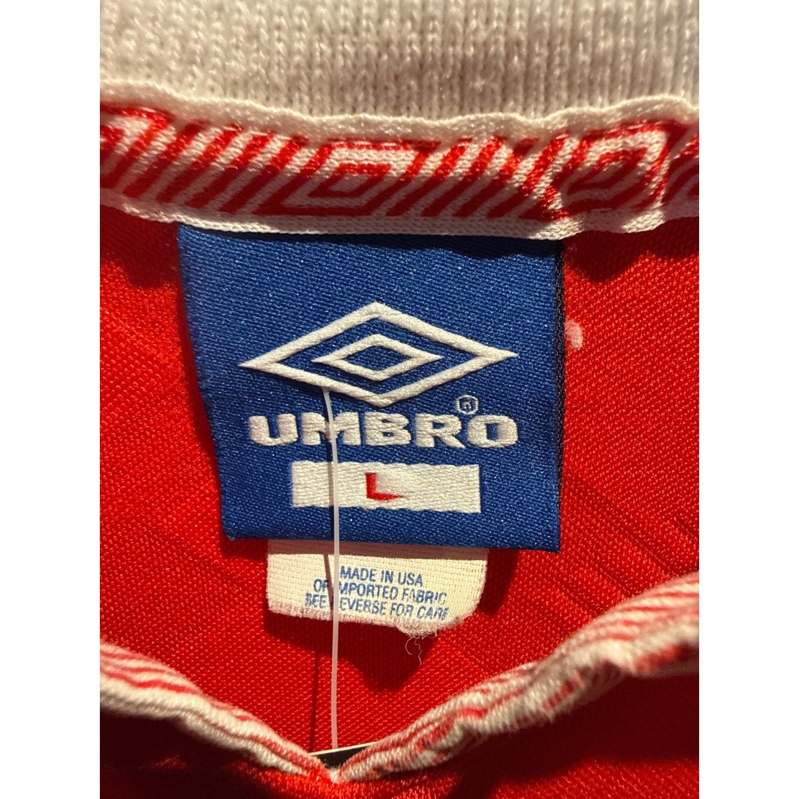 Vintage Umbro Point Soccer Jersey Red Geometric Pattern Polo Shirt Mens Large 4