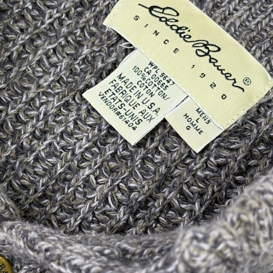 Eddie Bauer Mens Gray Ribbed Knit Henley Sweater L 100% Cotton USA Made