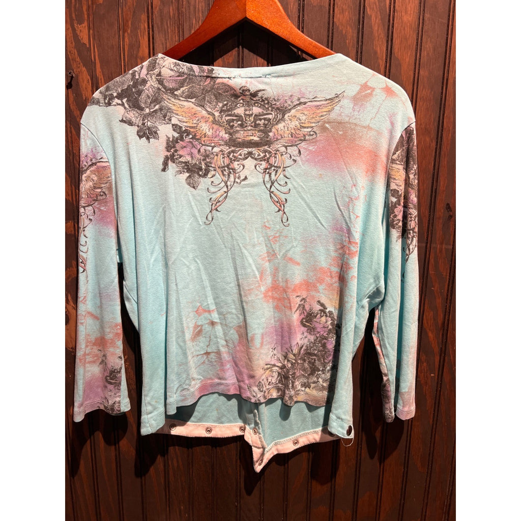 Boho Chic XL Blue Asymmetrical Button Graphic Crown Long Sleeve Top NWT