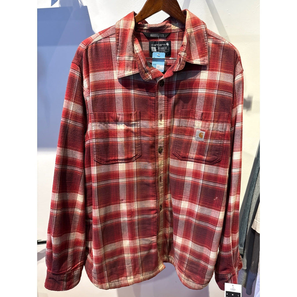 Carhartt Mens L Rugged Flex Relaxed Fit Plaid Flannel Button Down Shirt Red