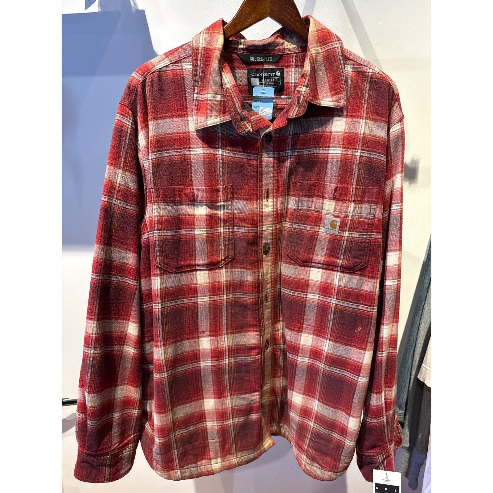 Carhartt Mens L Rugged Flex Relaxed Fit Plaid Flannel Button Down Shirt Red