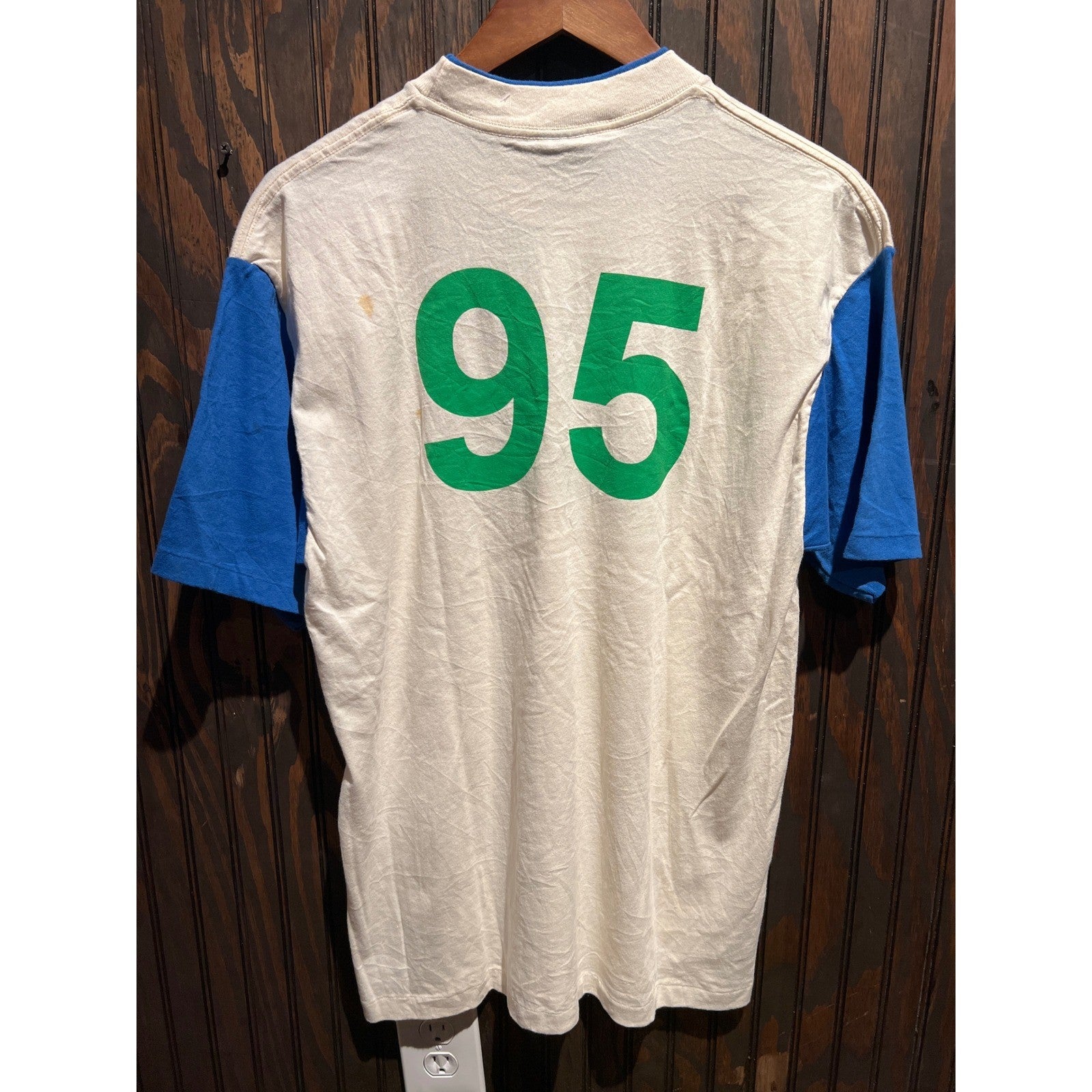 Vintage Short Line Est 1922 Graphic T-Shirt Cream Blue Single Stitch Large