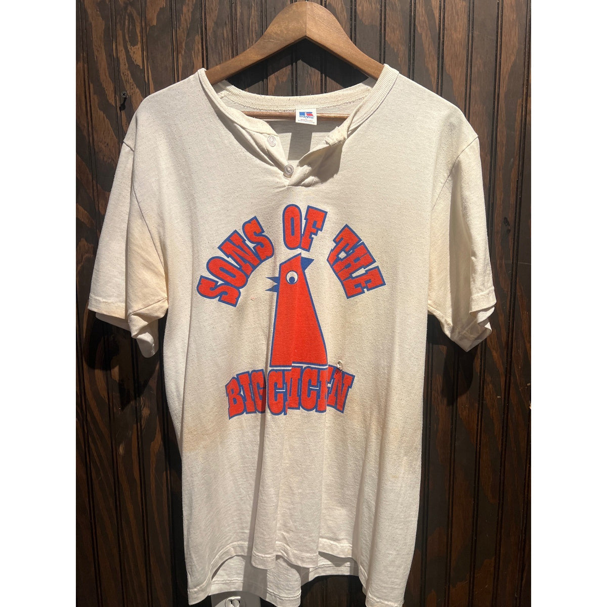 Vintage 80s Russell Athletic Sons of the Big Chicken Henley T-Shirt Off-White