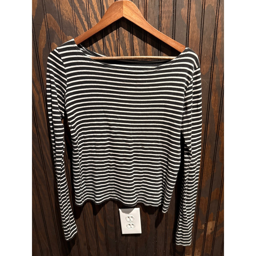 Womens Black White Striped Long Sleeve Boat Neck Top Casual Cropped Shirt L