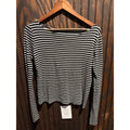 Womens Black White Striped Long Sleeve Boat Neck Top Casual Cropped Shirt L