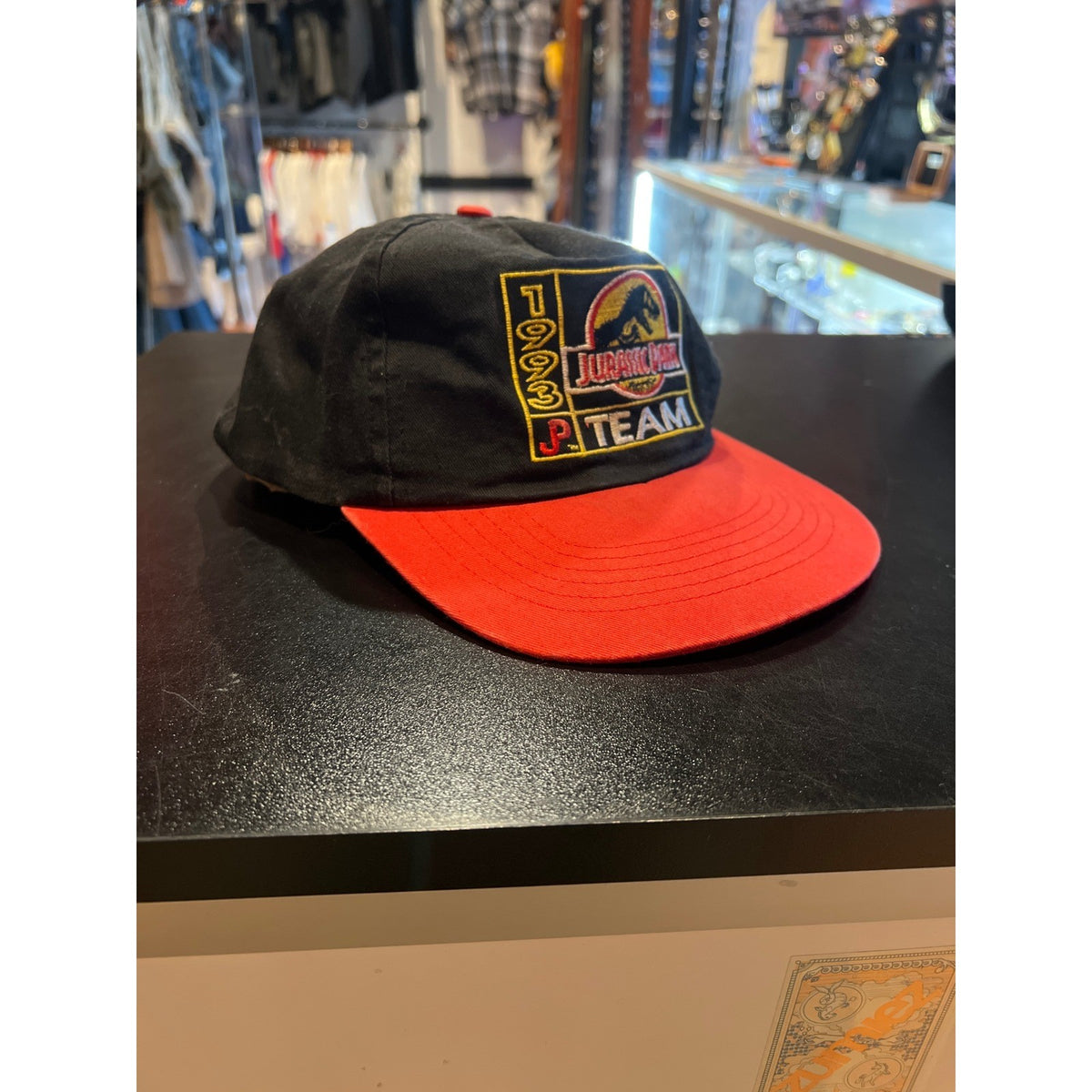 Vintage 1993 Jurassic Park P. Team Snapback Hat Black Red Movie Promo Cap