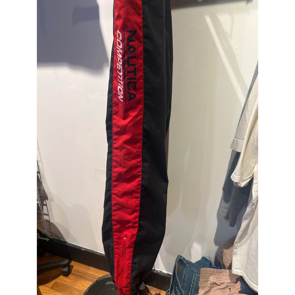 Nautica Competition Men Black Red Side Stripe Track Pants Windbreaker Nylon L
