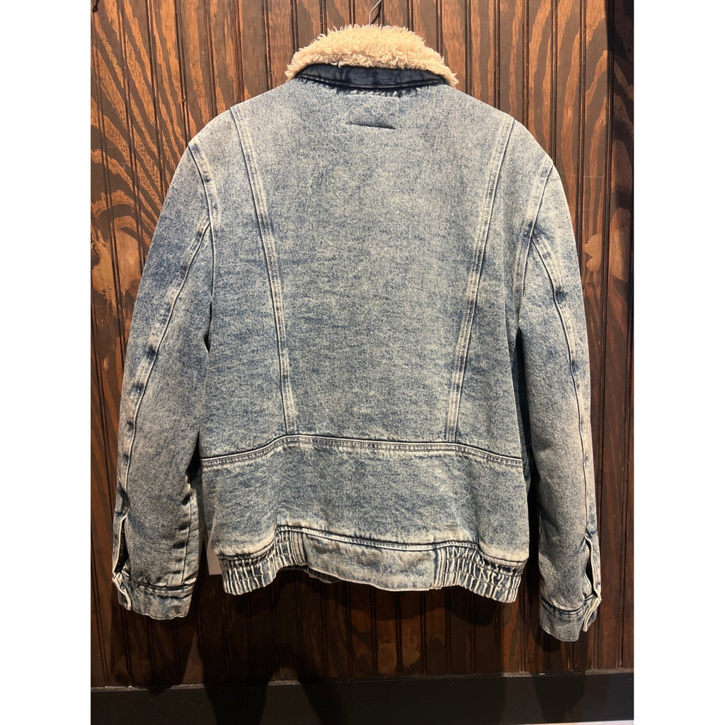Guess Mens Acid Wash Denim Bomber Jacket Faux Shearling Lined Blue L Y85MFSXWQ00