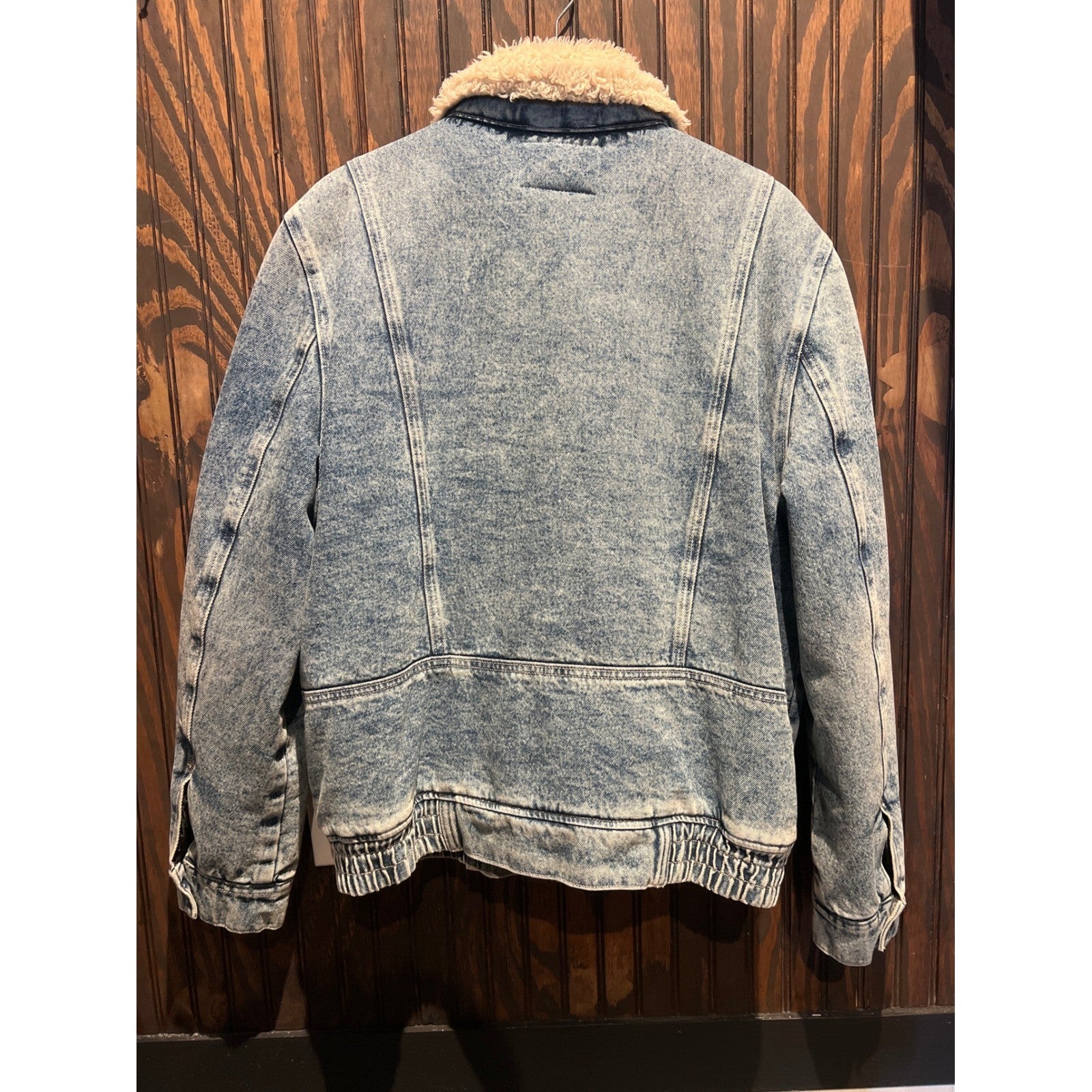 Guess Mens Acid Wash Denim Bomber Jacket Faux Shearling Lined Blue L Y85MFSXWQ00