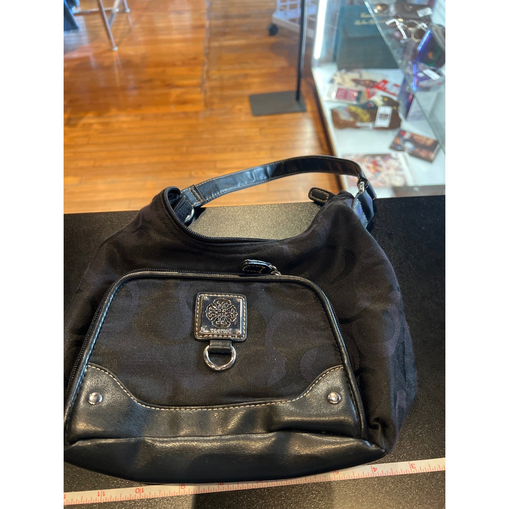 Treviso Black Monogram Jacquard Hobo Shoulder Bag Faux Leather Trim Silver Logo