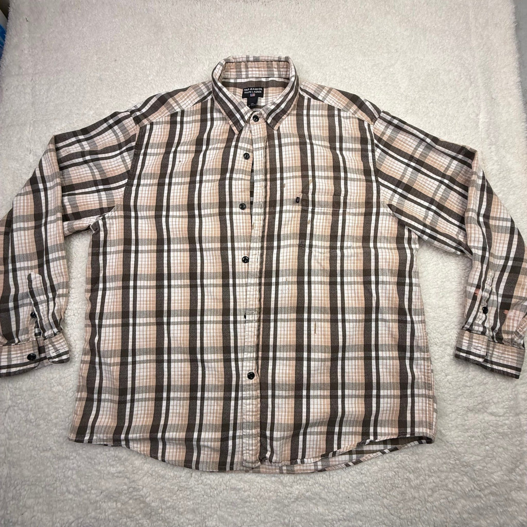 Polo Jeans Co Ralph Lauren Plaid Flannel Shirt Mens XL Brown Tan Button Down