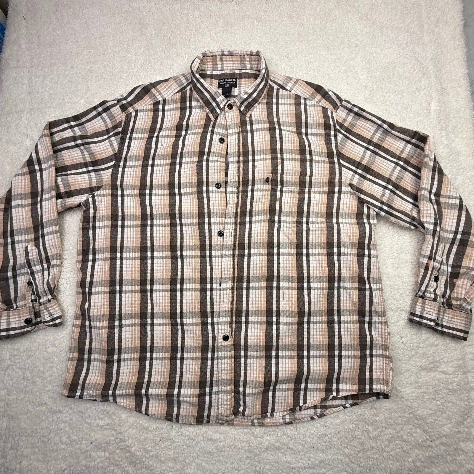 Polo Jeans Co Ralph Lauren Plaid Flannel Shirt Mens XL Brown Tan Button Down
