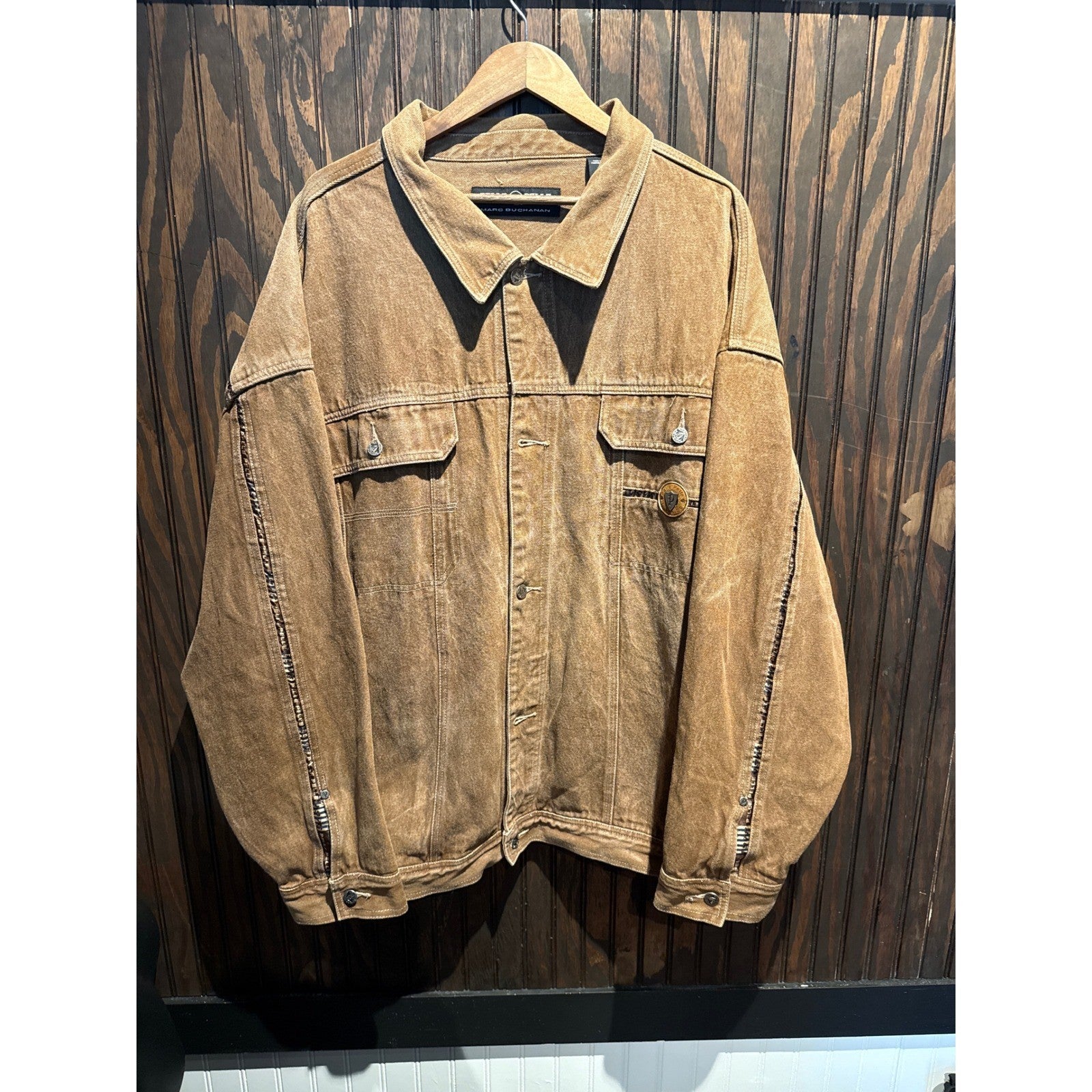 Pelle Pelle Marc Buchanan Vintage Brown Denim Jacket Braided Leather Trim XL-3XL