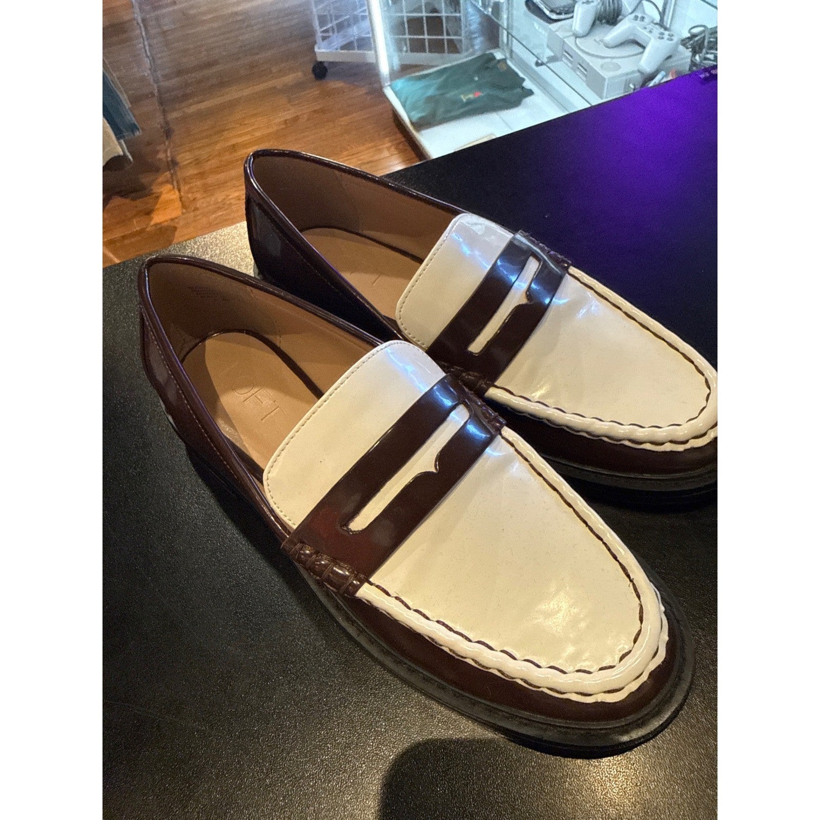 LOFT Womens Two Tone Penny Loafers Burgundy Cream Patent Colorblock Flats