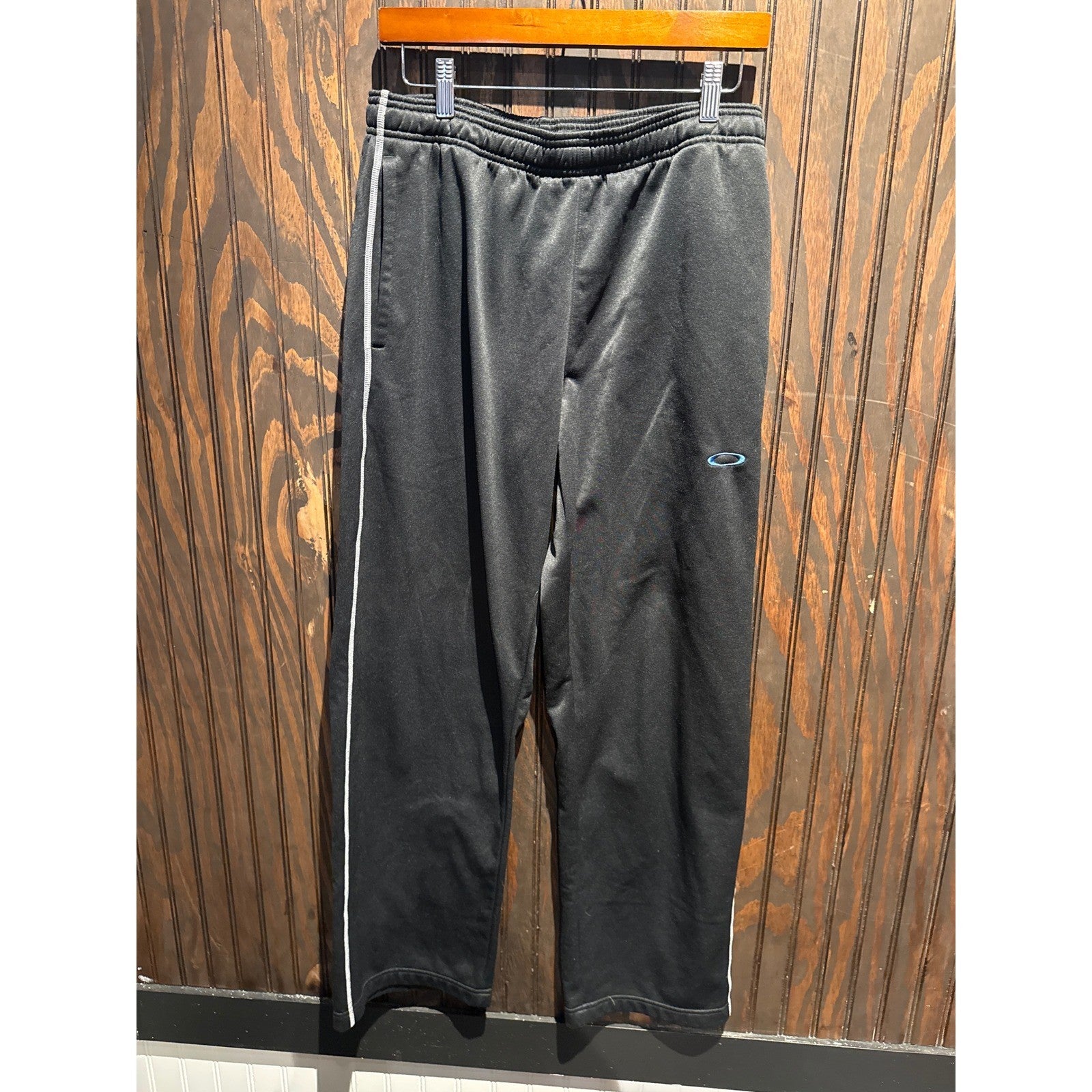 Oakley Mens Track Pants Black Side Stripe Embroidered Logo Wide Leg 15x30