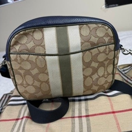 Coach Signature Monogram Canvas Leather Trim Camera Bag Navy Blue Beige