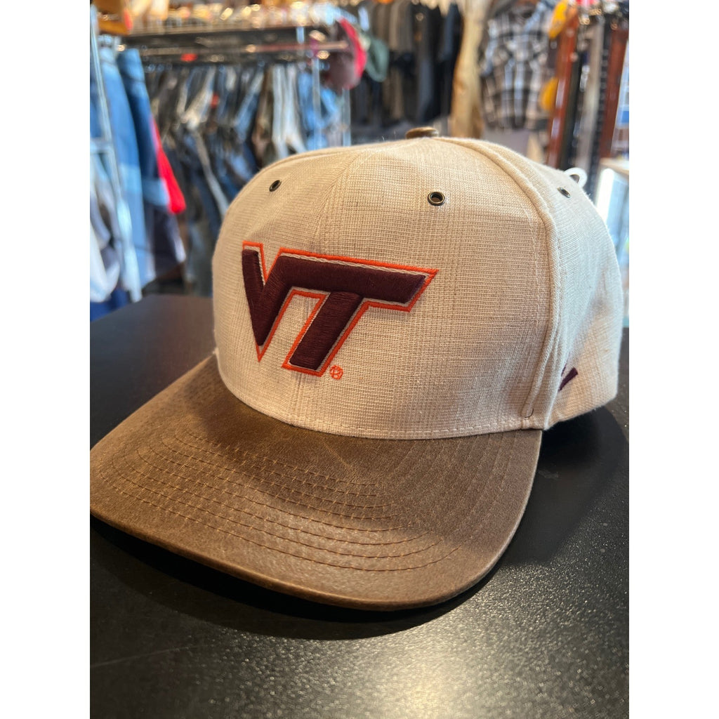 Virginia Tech Hokies Snapback Hat Cream Brown Faux Leather Brim VT Logo Cap