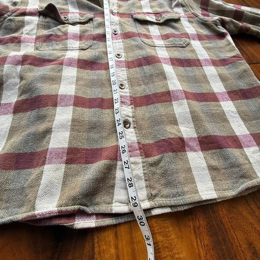 Woolrich Mens Plaid Flannel Button Down Shirt Tan Burgundy Long Sleeve XL