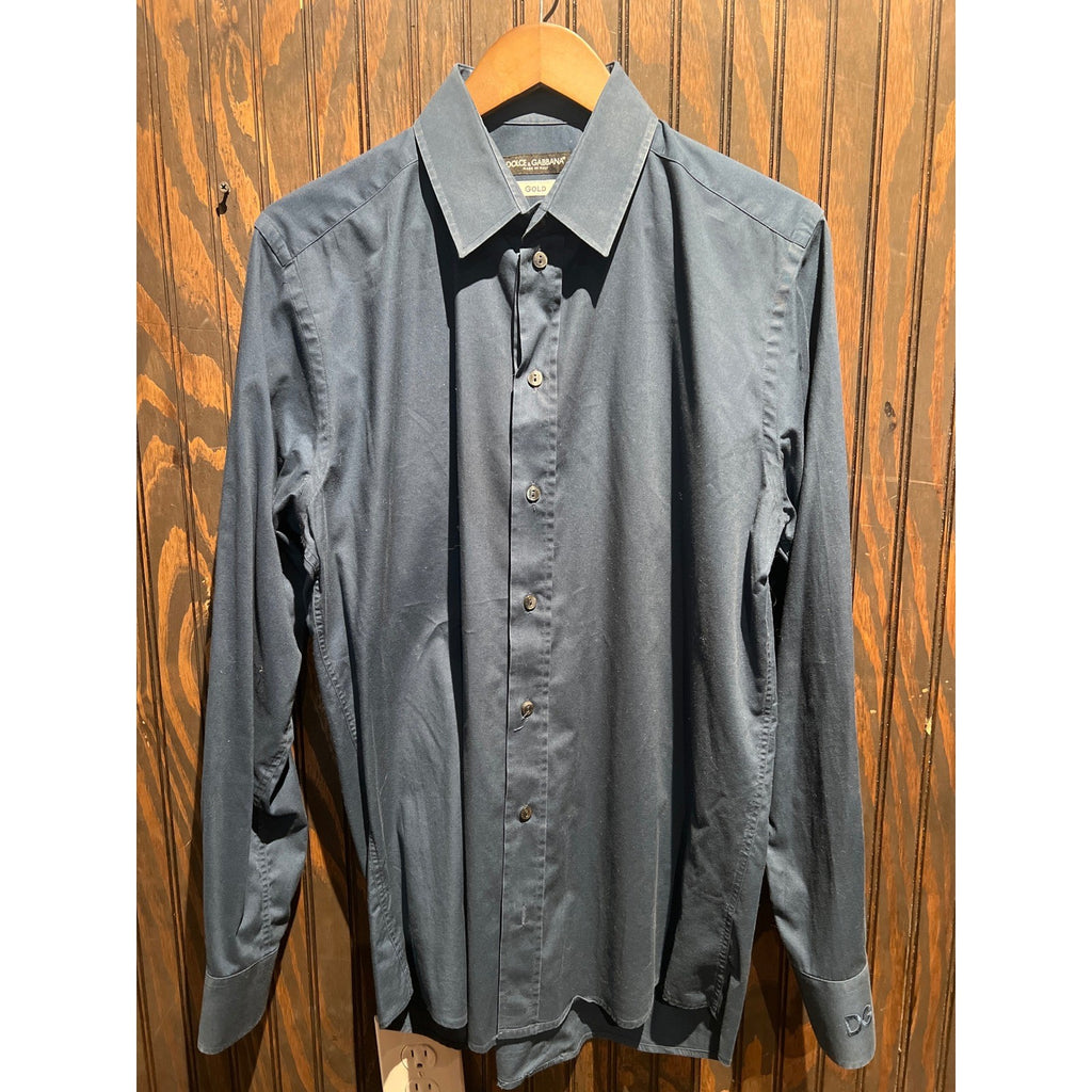 Dolce & Gabbana Gold Navy Blue Button Down Dress Shirt DG Logo Cuff Italy