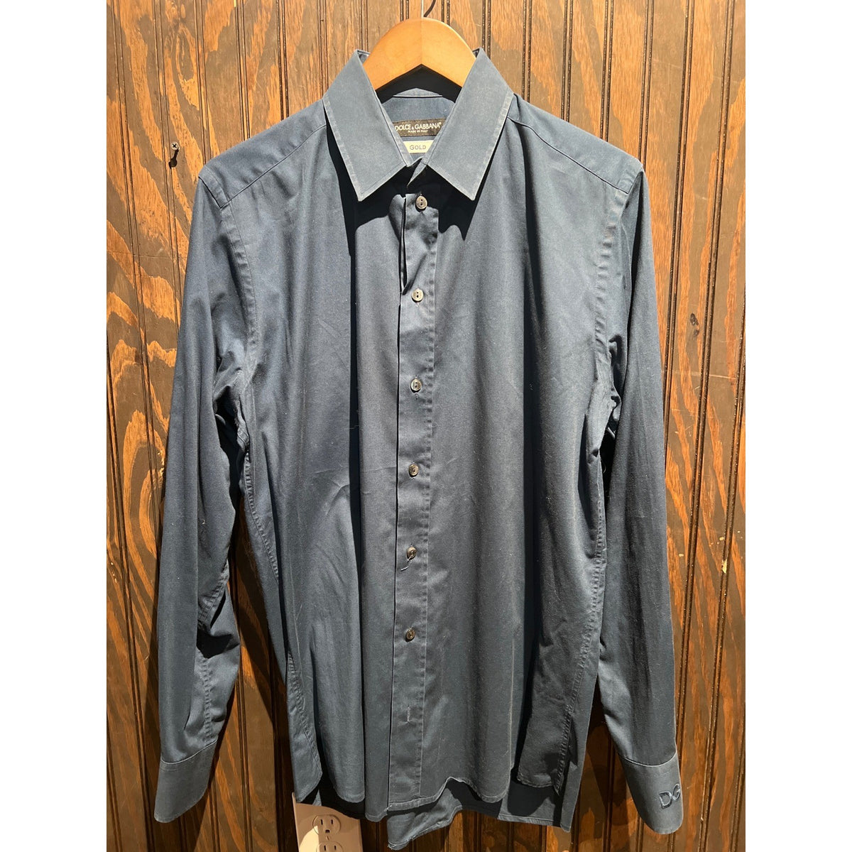 Dolce & Gabbana Gold Navy Blue Button Down Dress Shirt DG Logo Cuff Italy