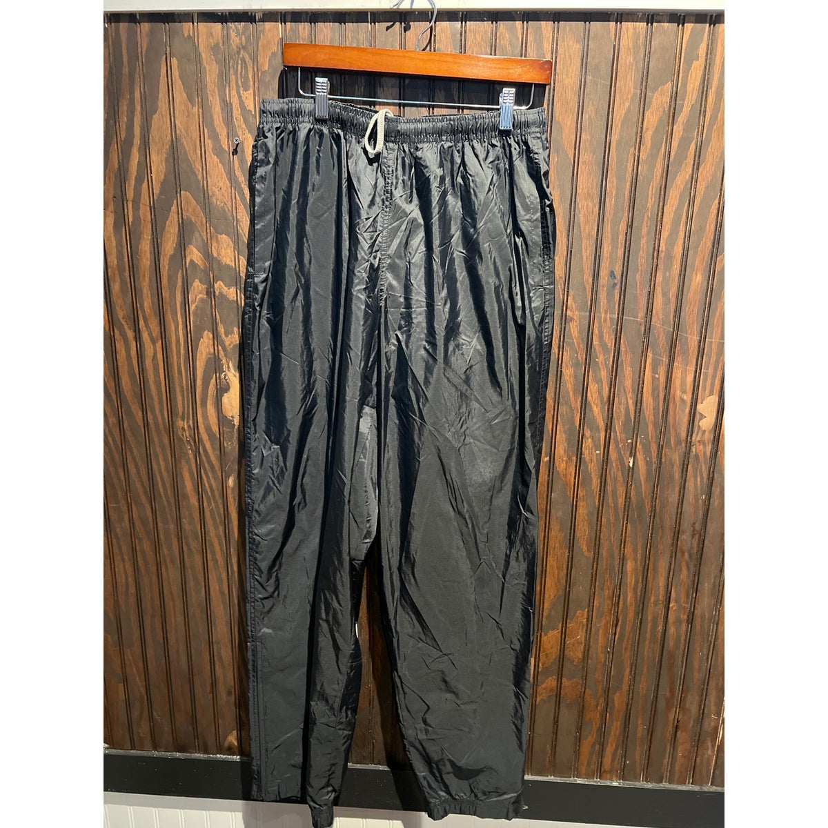 Mens Black Nylon Track Pants Elastic Waist Windbreaker Joggers Inseam 32