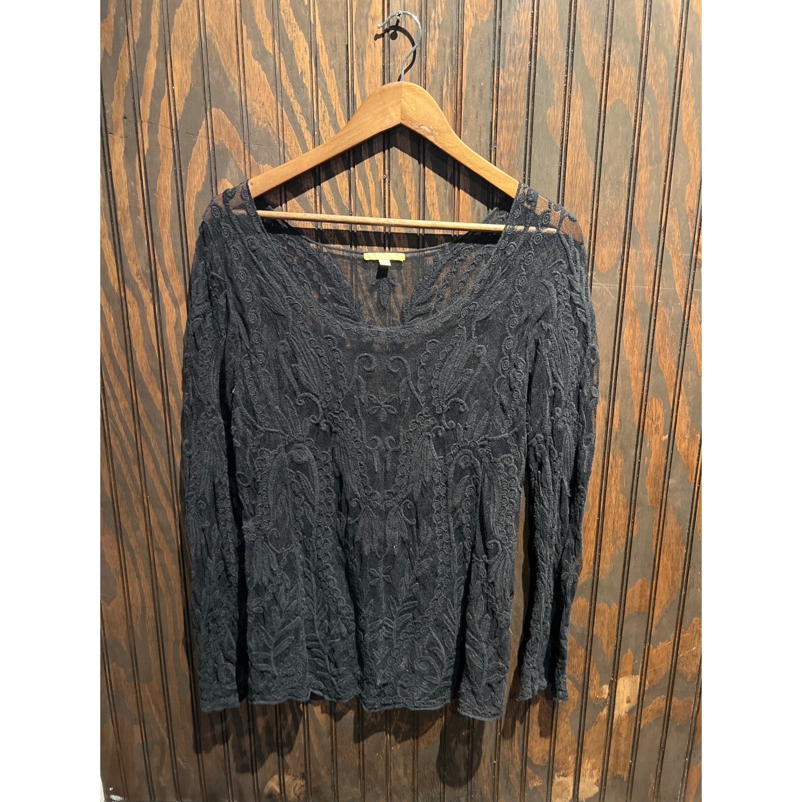 Black Floral Lace Mesh Long Sleeve Scoop Neck Sheer Embroidered Top 26x18