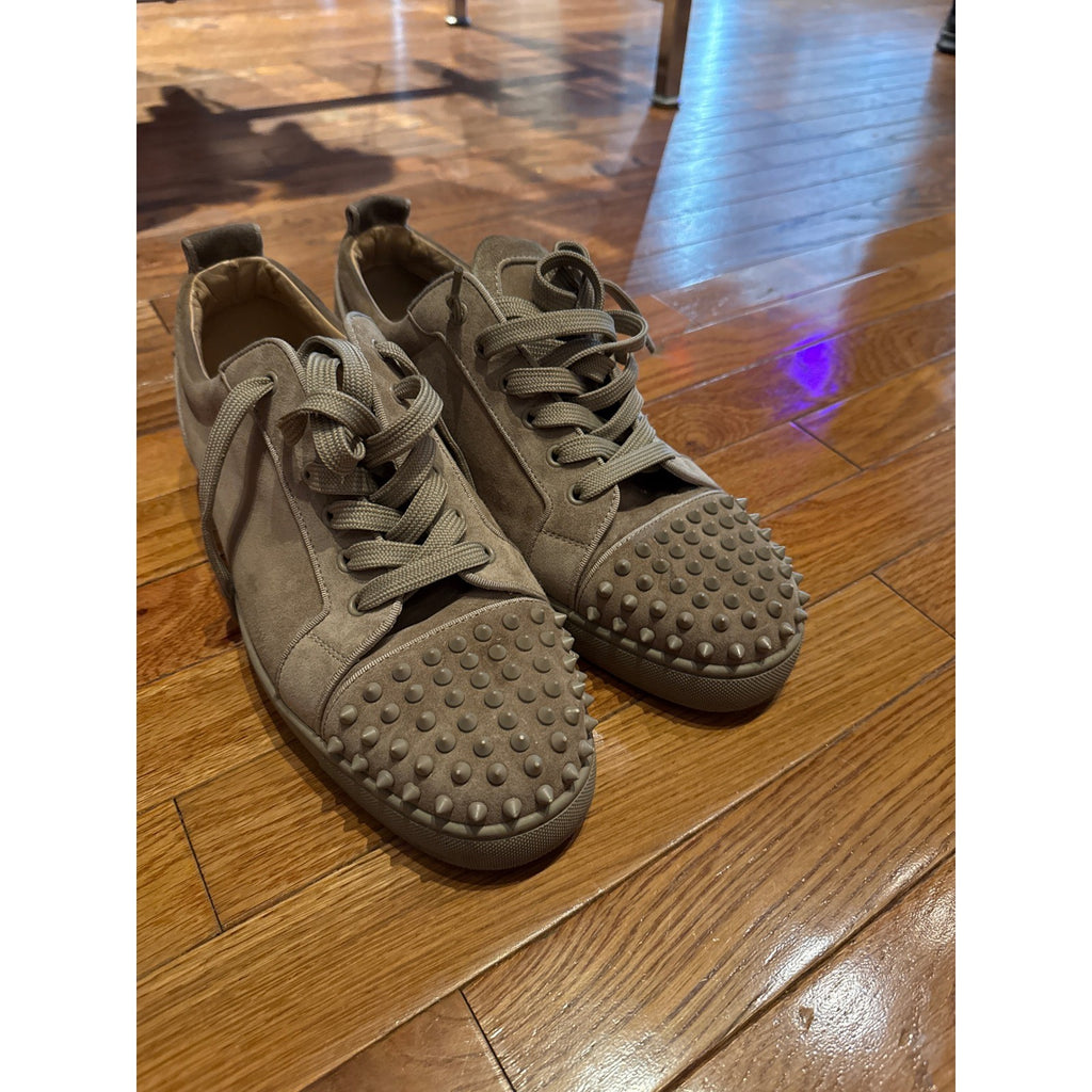 Christian Louboutin Louis Junior Spikes Taupe Suede Low Top Sneakers Mens 46