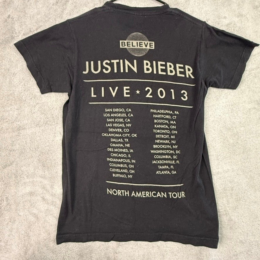 Justin Bieber Believe Tour T Shirt Black Gold Graphic Print Short Sleeve Size S