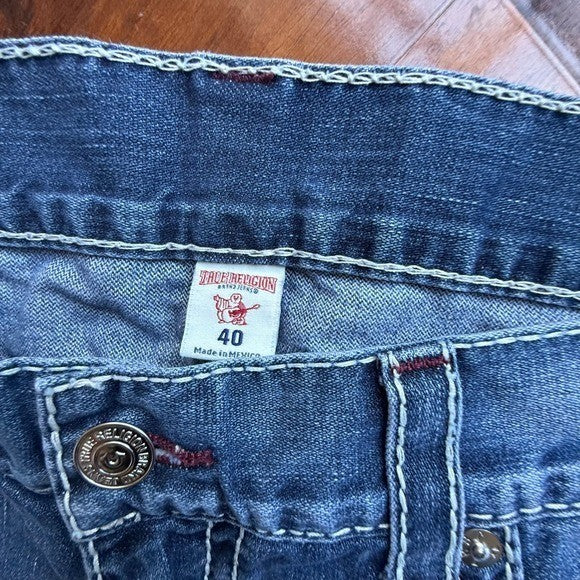 True Religion Mens Big T Burgundy Slim Flap N Straight Leg Jeans Blue Size 40