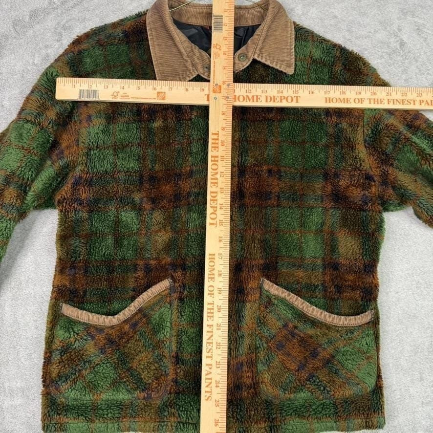 Vintage Plaid Fleece Jacket Corduroy Collar Zip Up Green Brown Mens Medium
