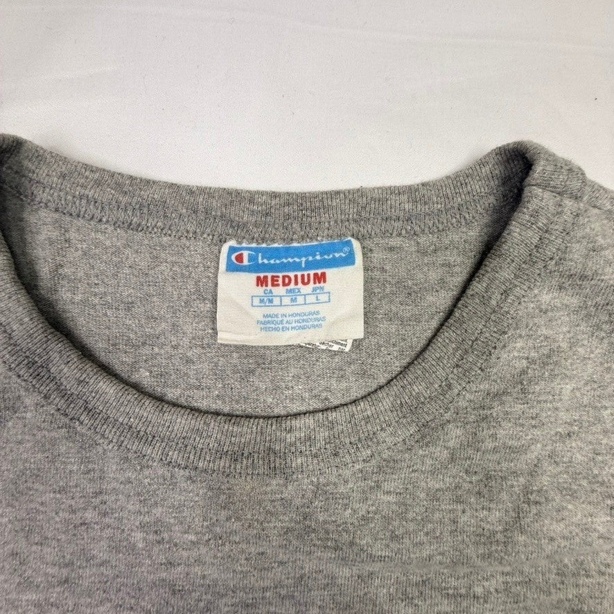 1990s Champion Men Gray Graphic T Shirt Print Short Sleeve Crew Neck Medium