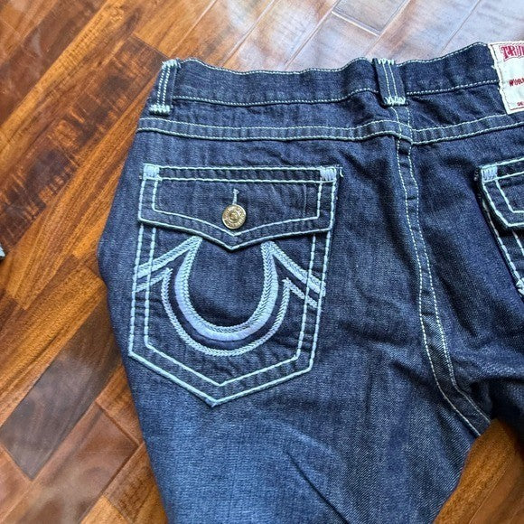 True Religion Joey Super T Indigo Blue Contrast Stitch Flare Jeans Mens 42x34