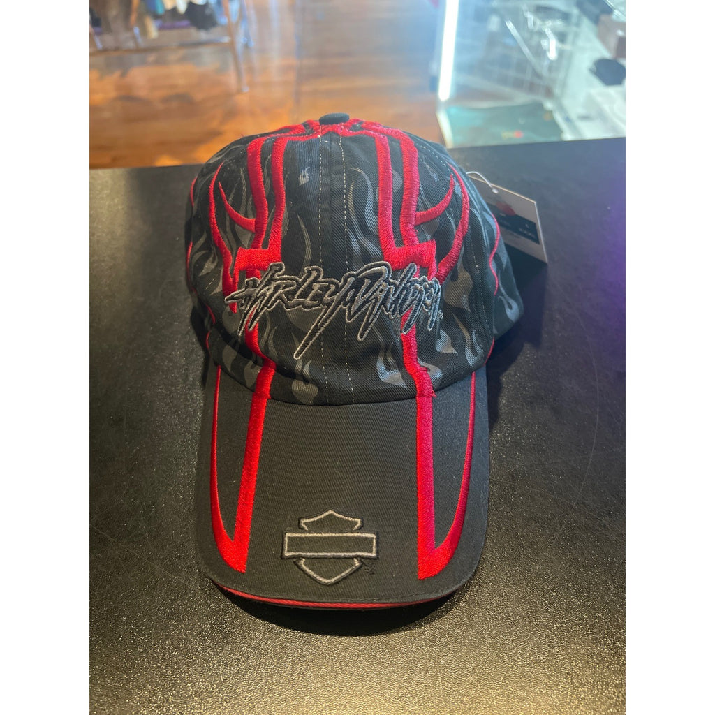 Harley Davidson Hat Black Red Tribal Flame Camo Strapback Biker Cap Bar Shield