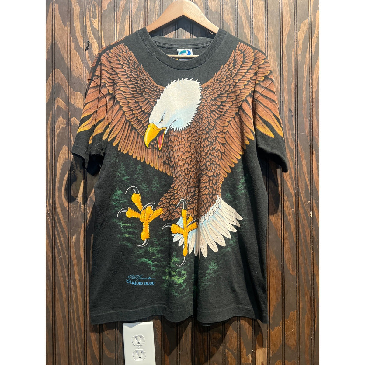 Vintage Liquid Blue Bald Eagle All Over Print T-Shirt Black 1990s Mens Large
