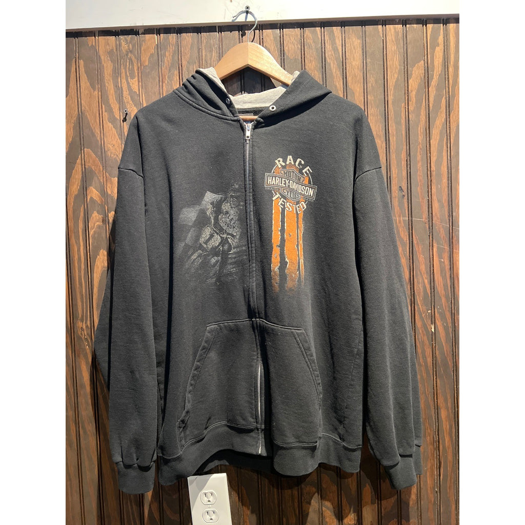 Harley Davidson Race Tested Full Zip Hoodie Black Graphic Sweatshirt Mens XL