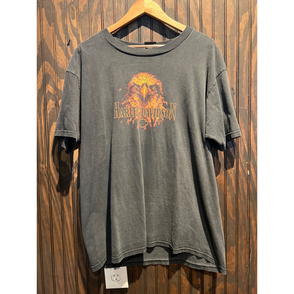 Vintage Harley Davidson Flaming Eagle Graphic T-Shirt Faded Black Mens XL 25x30
