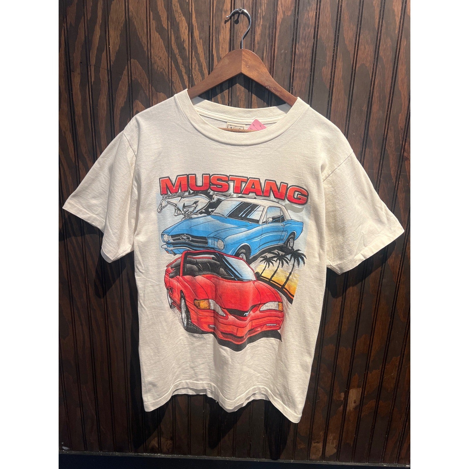 Vintage 80s Ford Mustang Graphic T-Shirt Cream Mens Large Muscle Car Racing Tee